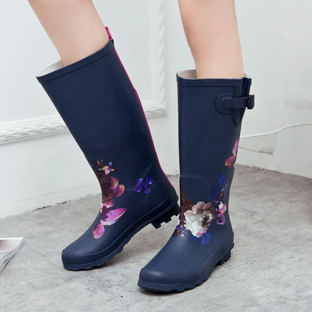 Женские Водонепроницаемые непромокаемые сапоги Длинные с цветочным узором