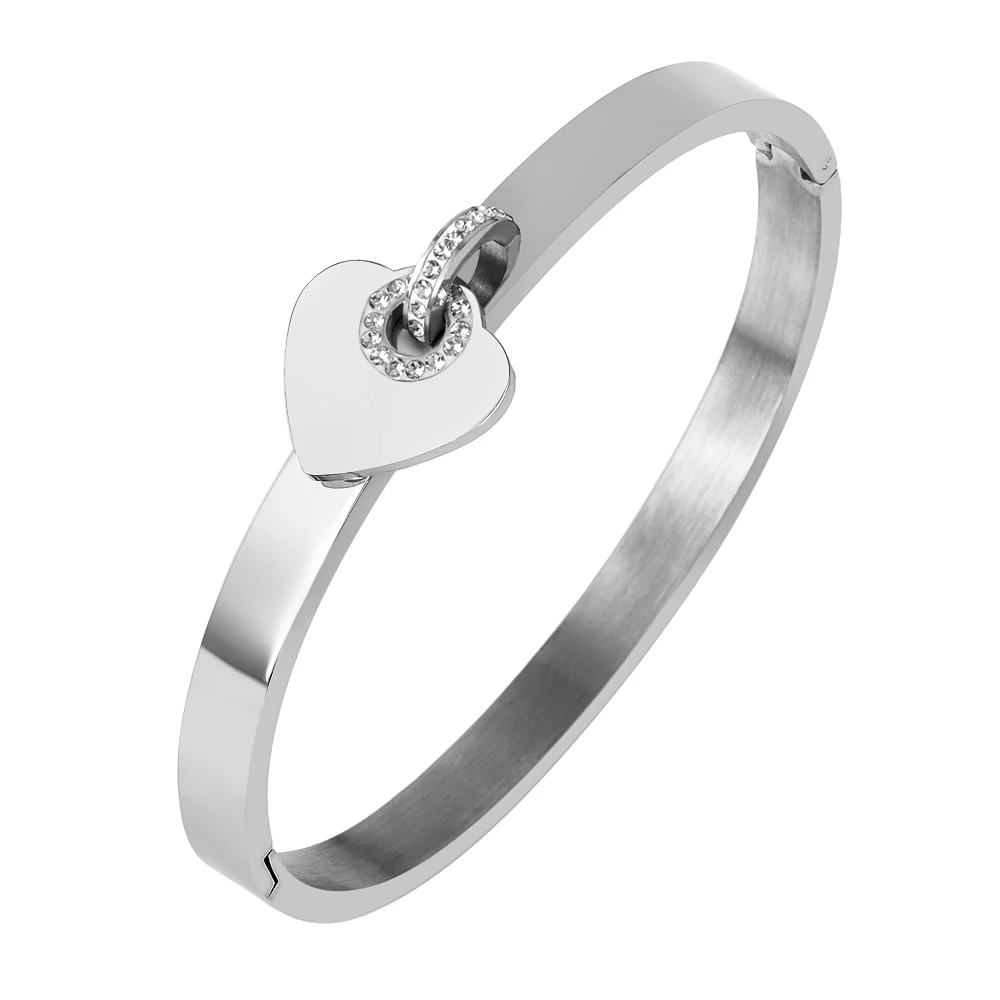 

Luxury Brand Women Charms Heart Pendant Bangles Vintage Stainless Steel Crystal Cuff Bangles Jewelry for Wedding