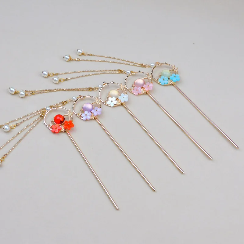 

Simple Retro Hanfu Headdress Cherry Blossom Tassel Pearl Step Shaking Hairpin Fairy Female Ancient Style Super Fairy Hair Stick