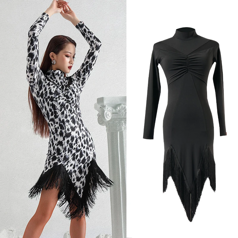

Latin Dance Dress Women Long Sleeved Latin Practice Dress Latin Fringed Dress Latin Competition Dance Costumes XS1014