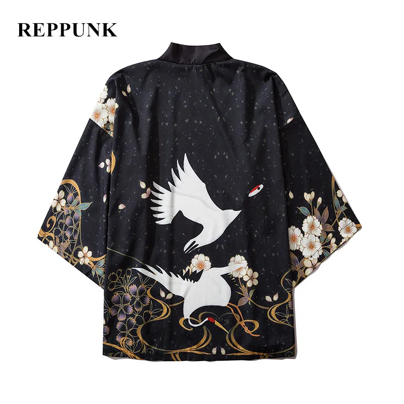 Летние мужские свободные белые кардиганы с рисунком журавлей и короткими