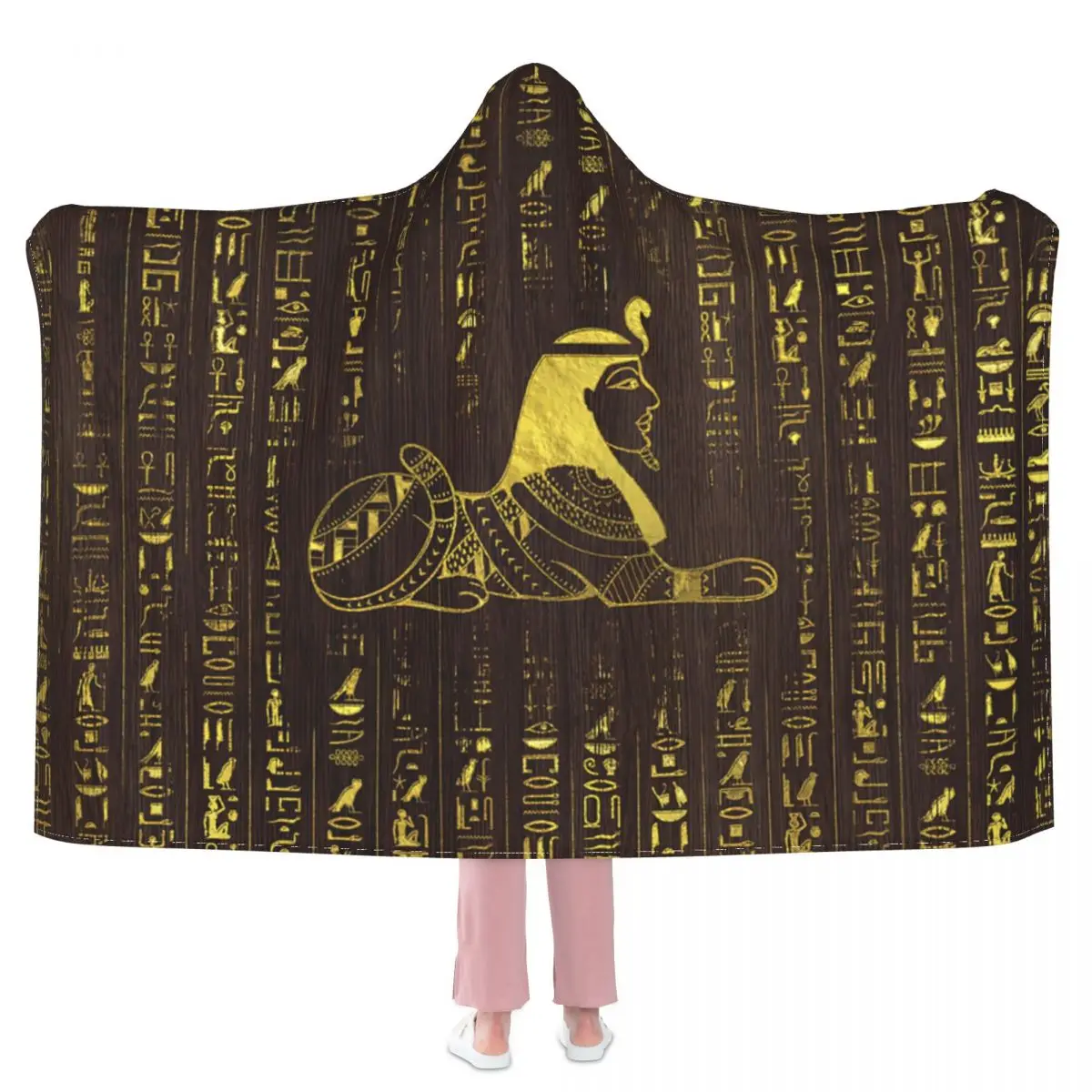 

Золотистое египетское Сфинкс и иероглифики на деревянном покрытии с капюшоном 3D Полноразмерное одеяло для взрослых и детей