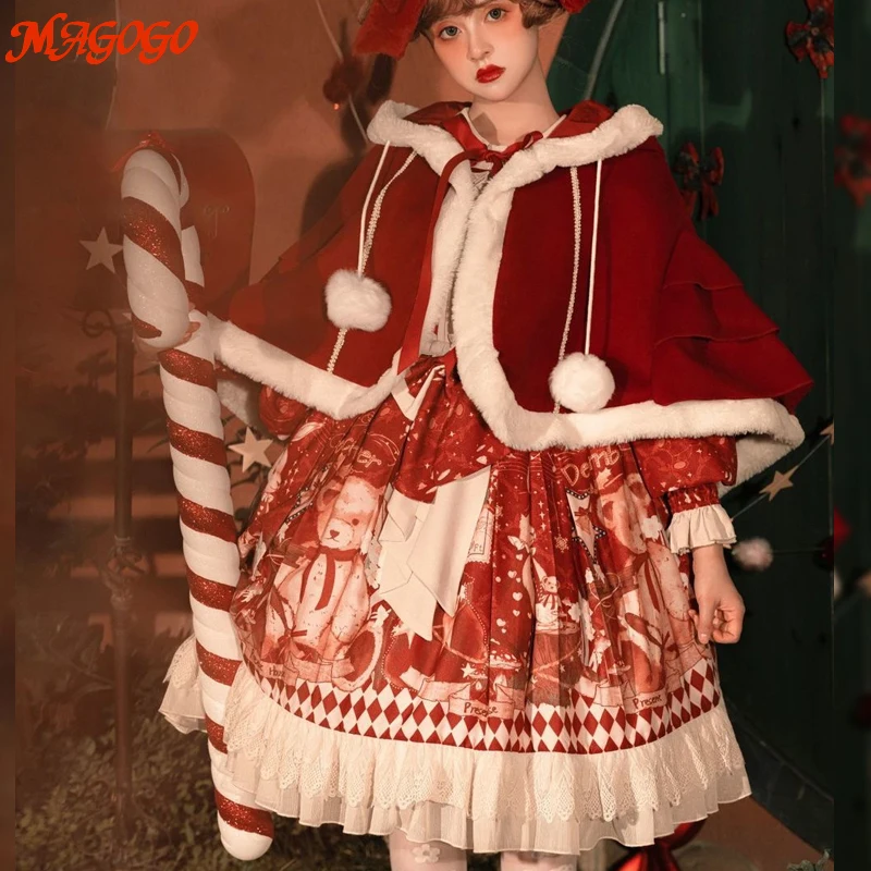 MAGOGO Christmas Lolita Dress Girls Costume Red Cloak Soft Sisters Long Sleeve Party Op Sweet Dress INS NEW Hot