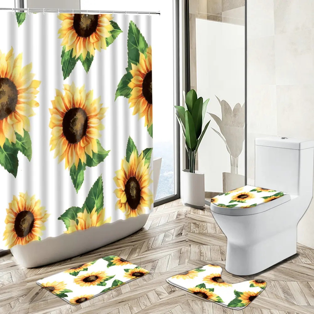 Online Girasole Arcobaleno Modello Tenda Da Doccia Fiore Giallo Pianta Foglia Verde Tema Estivo Tappeto Antiscivolo Copriwater Set Da Bagno