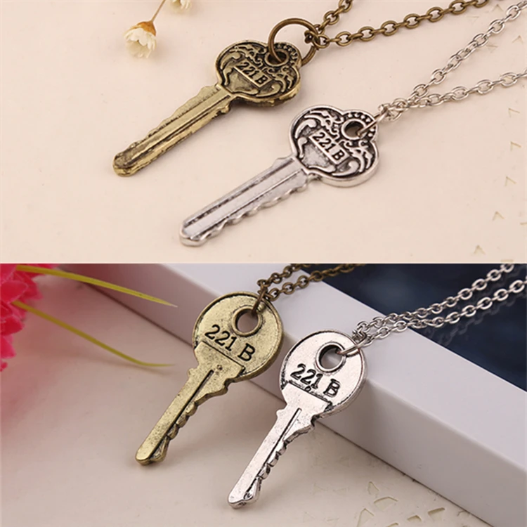 

221B Key Necklace London Baker Street Sherlock Detective Fan Vintage Antique Silver Color Pendant Movie Jewelry Men Wholesale