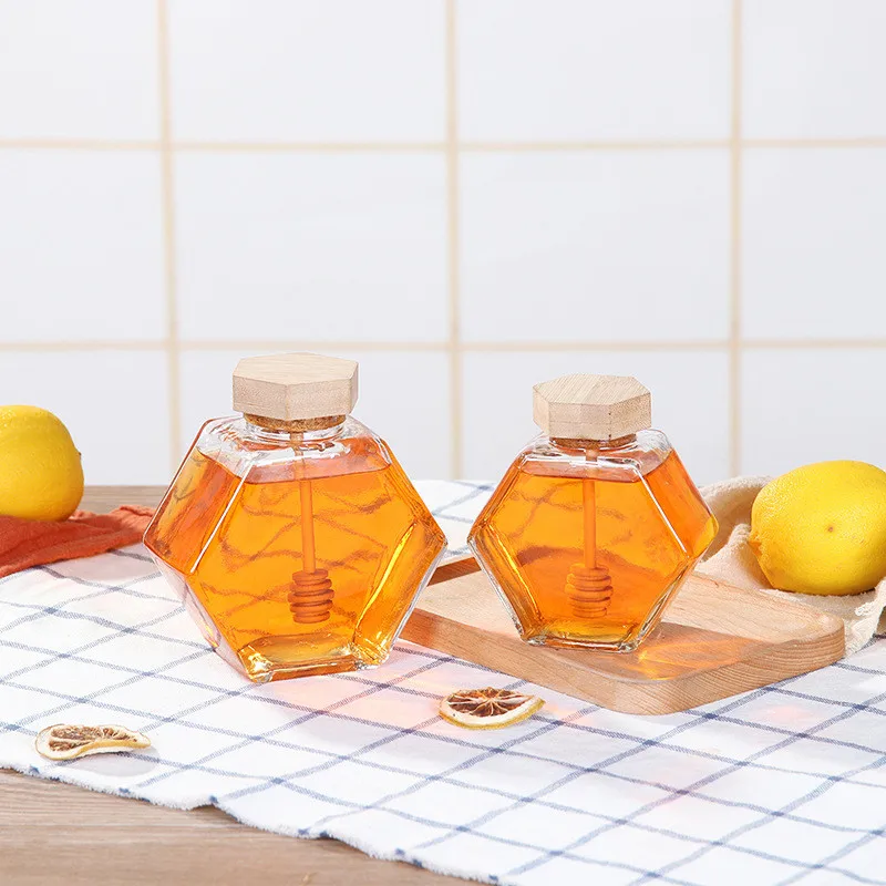 Glass Honey Jar With Honey Stir Bar 220ML/380ML Mini Small Honey Bottle Container Pot With Splash Bar Stirring Rod Hammer