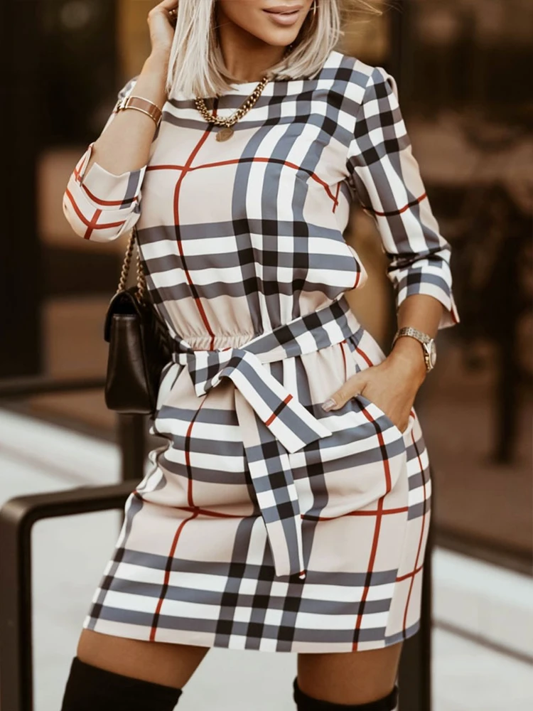 

Shein Romwe Dresses For Women 2021 Plaid Print Pocket Detail Belted Casual Dress With Belt Bodycon Vestido Mini Roupas Feminina