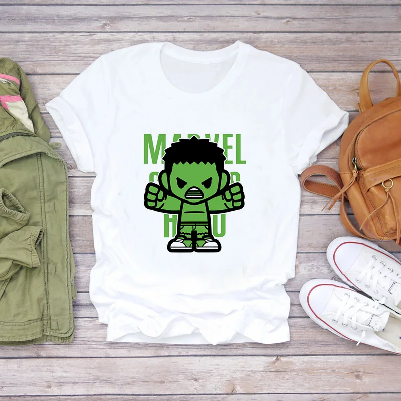 

Marvel Superhero Cartoon Image Summer Cool Fashion Women White Tshirt 2021 Harajuku Style Crop Tops Femme Clothing Kawaii