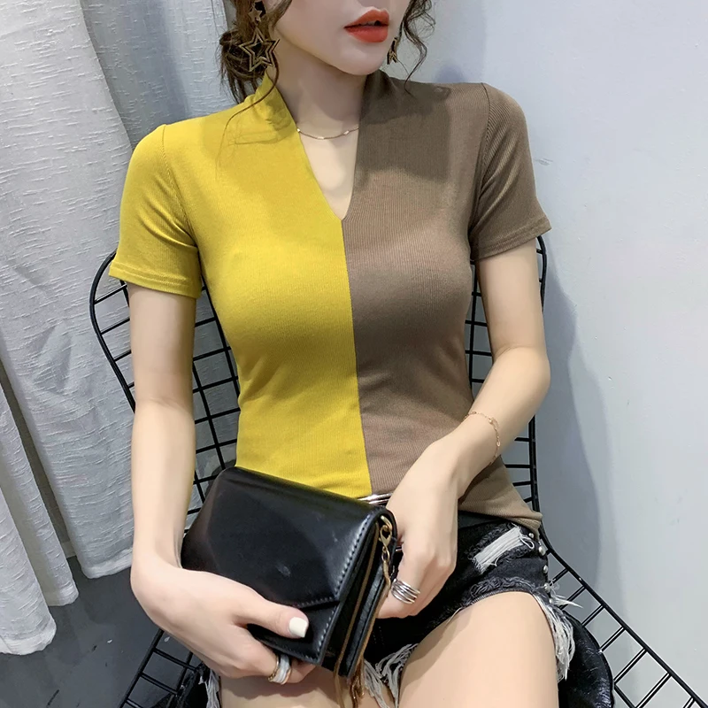 Женская футболка с контрастной расцветкой летняя хлопковая Футболка составного