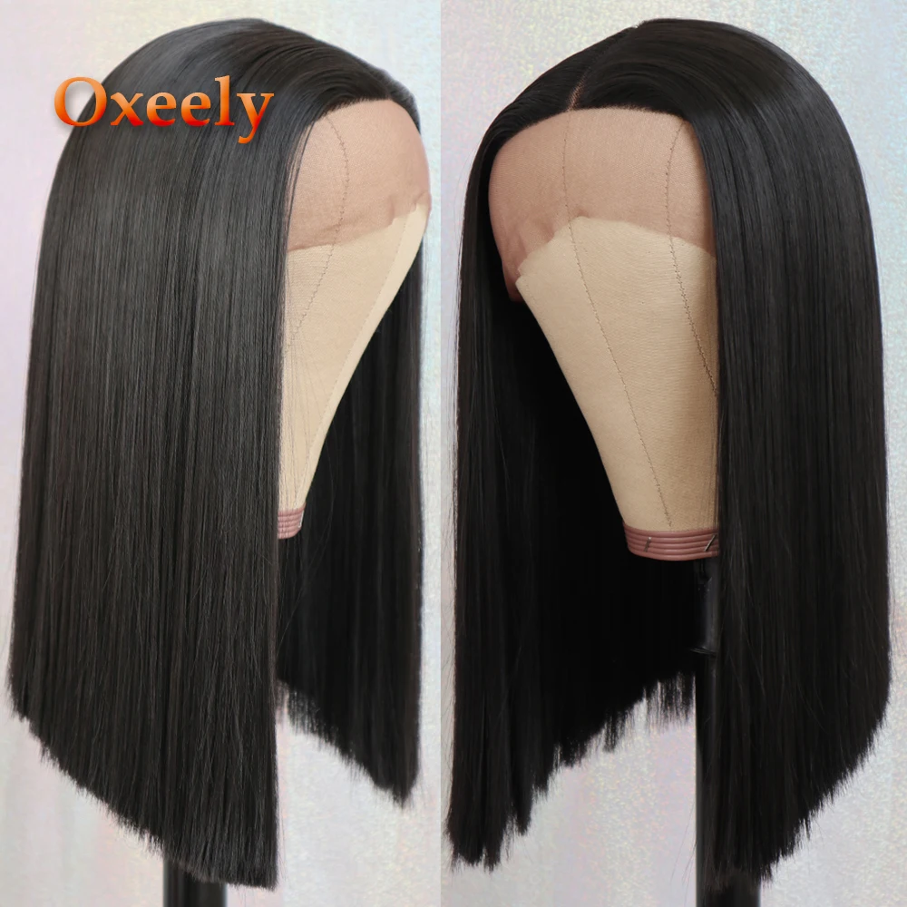Oxeely черный короткий прямой парик Боб синтетические кружевные передние парики