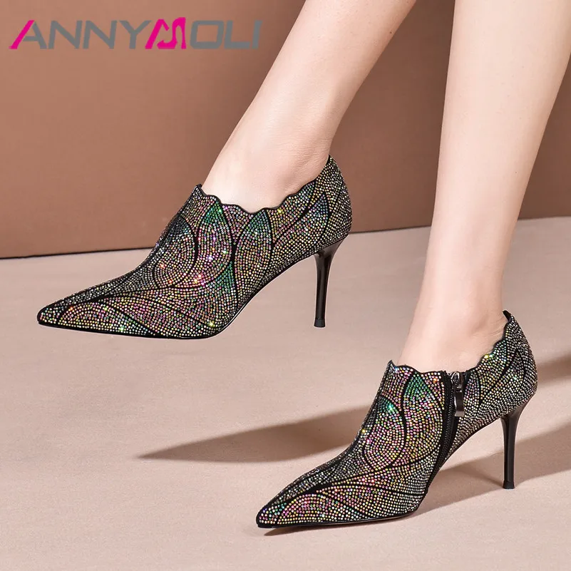 

ANNYMOLI High Heels Women Pumps Kid Suede Zipper Thin High Heels Shoes Real Leather Rhinestone Pointed Toe Shoes Lady Size 34-40