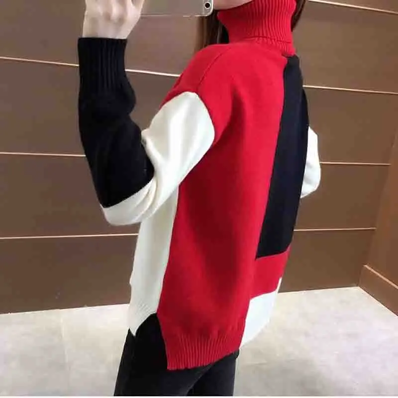 

HKCP Plus Thick Sweater Women's Version of The Loose High Neck Two Lapel Short Color Matching Sweater Bottoming Shirt