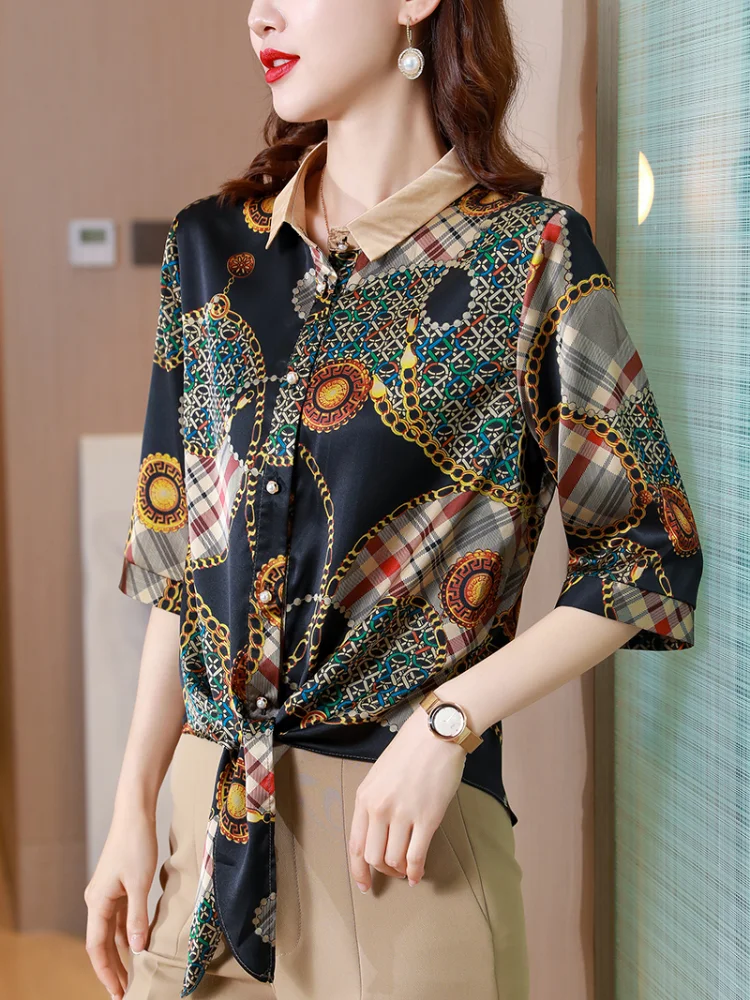 

Women's Blouses Short Sleeve Tops Polo Shirts Fashion Top Casual Blouses Printed Shirt Satin Loose Silk Summer