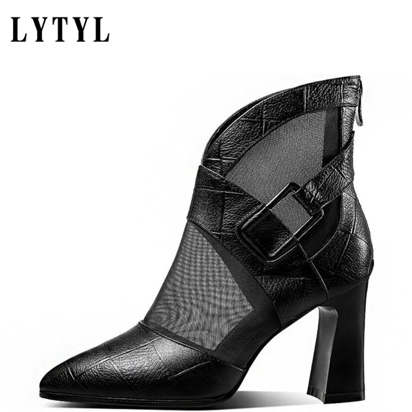 

High Heeled Sandals Boots Pointed Toe Thick Heel Gladiator Shoes Buckle Mesh Ankle Boot Black Spring/Autumn for Woman B20-798