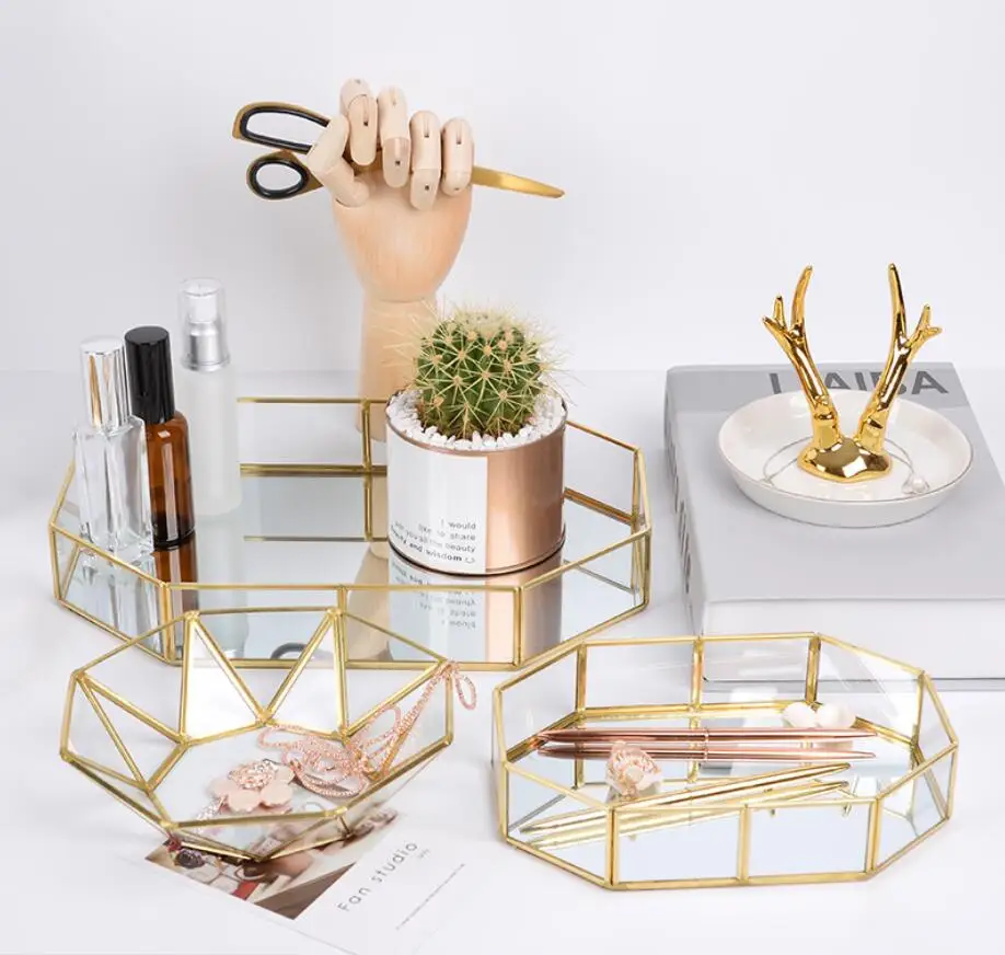 Antique Spacious Mirror Glass Cosmetic Storage Cube Set with 3 Tier Dustproof Drawers Vanity Tray/Gold Metal Makeup | Дом и сад