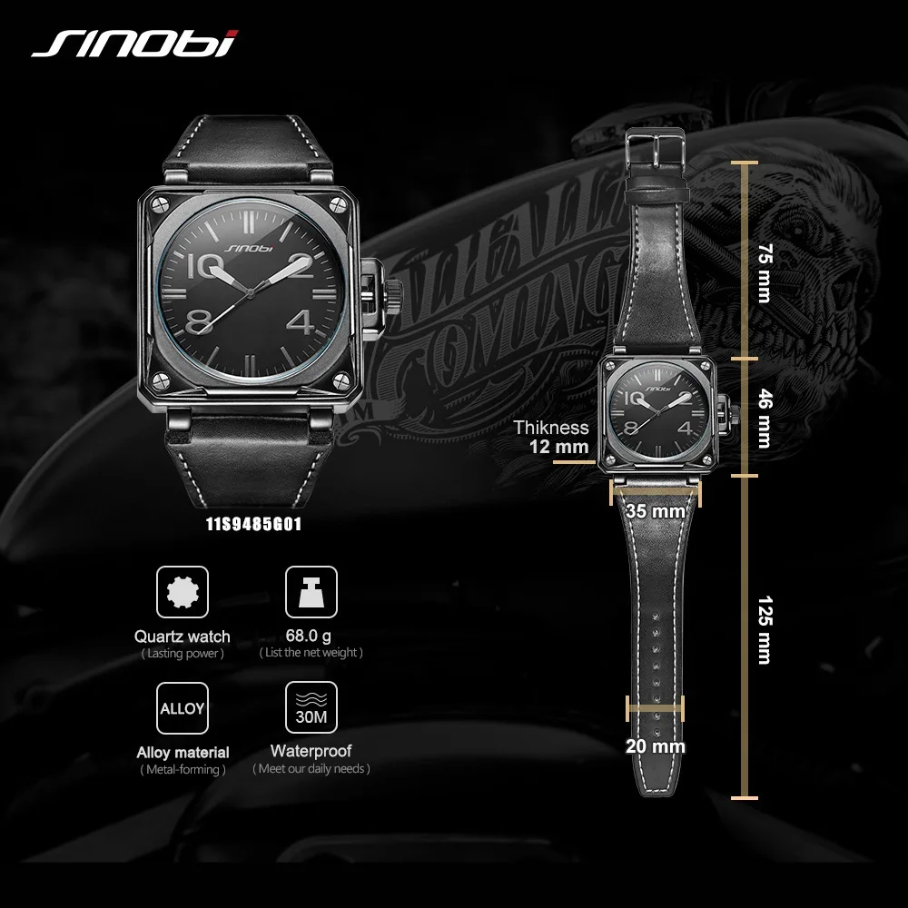 

SINOBI 2021 Military Sports Square Watch Men Leather Watches Top Luxury Brand Waterproof Quartz Clock Marines Relogio Masculino