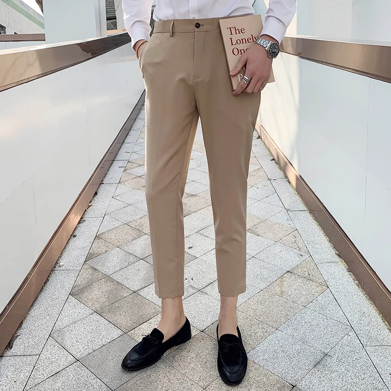 Мужские облегающие брюки черные синие хаки прямые из стрейча в деловом стиле