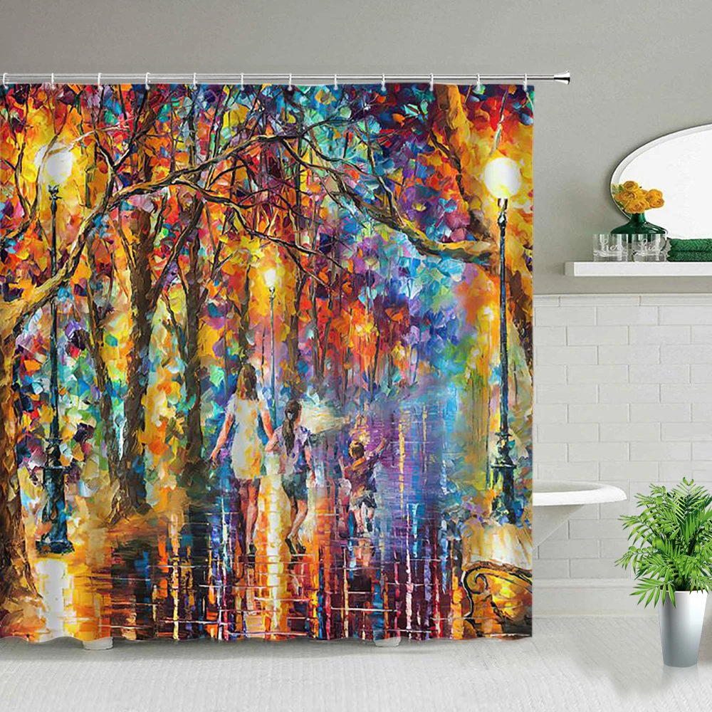 

Oil Painting Scenery Shower Curtain Park City Street Landscape Bathroom Decor Bathroom Screen Waterproof Fabric Cloth Curtains