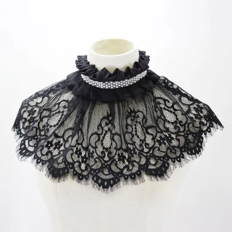 

Women Hollow Out Embroidered Floral Lace Wedding Shawl Bolero Ruffles Pleated High Neck Fake Collar Faux Pearl Decor Bridal