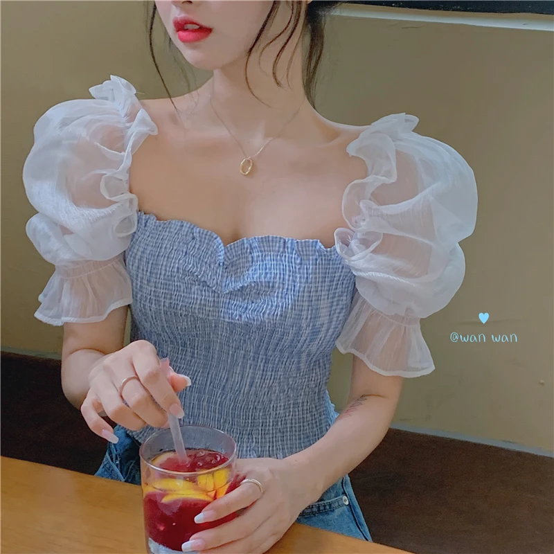 

Korean Clothes Slim Crop Top Blusas Mujer De Moda 2021 New Fashion Brand Ladies Tops Summer Style Woman Shirts Plaid Puff Sleeve