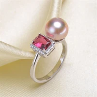 simple and atmospheric red zircon pearl ring womens jewelry 925 silver adjustable ring accessories empty bracket without pearls