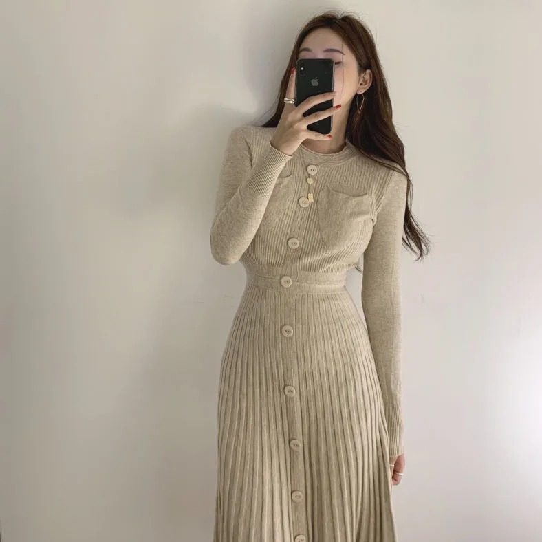 

Chic O-neck Sweater Pullover Dress Women Winter Elegant Long Sleeve Single-breasted Slim Knitted Pleated Dress Female JK417