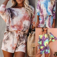 two piece fashion suit tie dye european and american womens summer loose printing home wear casual lace suit