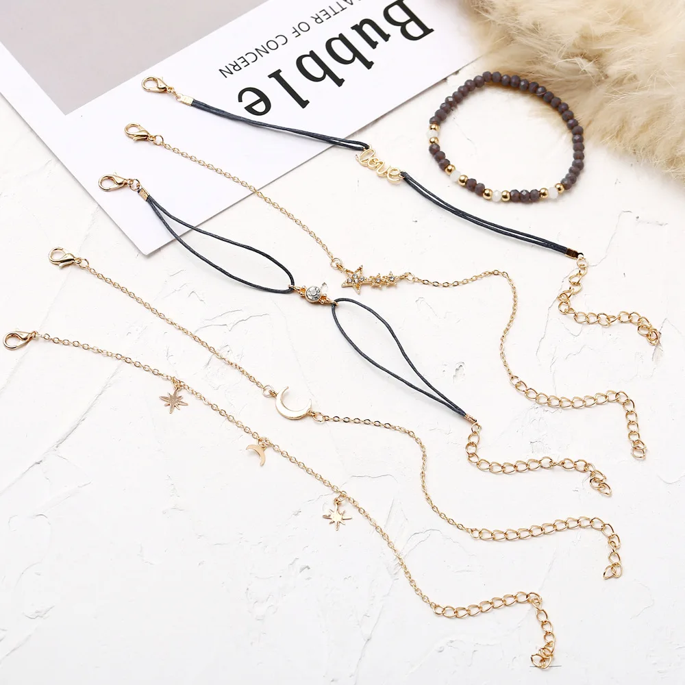 

2019 Bohemian Moon Stars LOVE Charm Bracelet Handmade Bead Bracelet Women Fashion Gold Chain Bracelet Set Jewelry Party Gift
