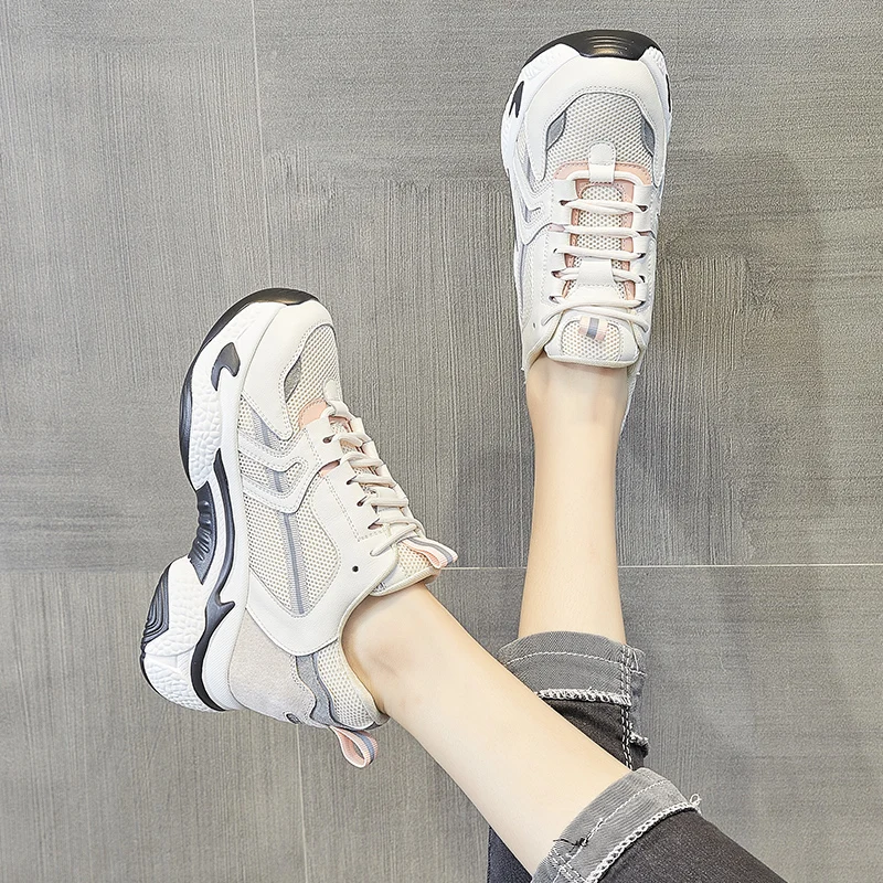 

GPOKHDS 2021 Women Sneakers Cow Leather New Increasing Air Mesh Casual Trend Female Comfortable Vulcanize Shoes Flats Sneakers