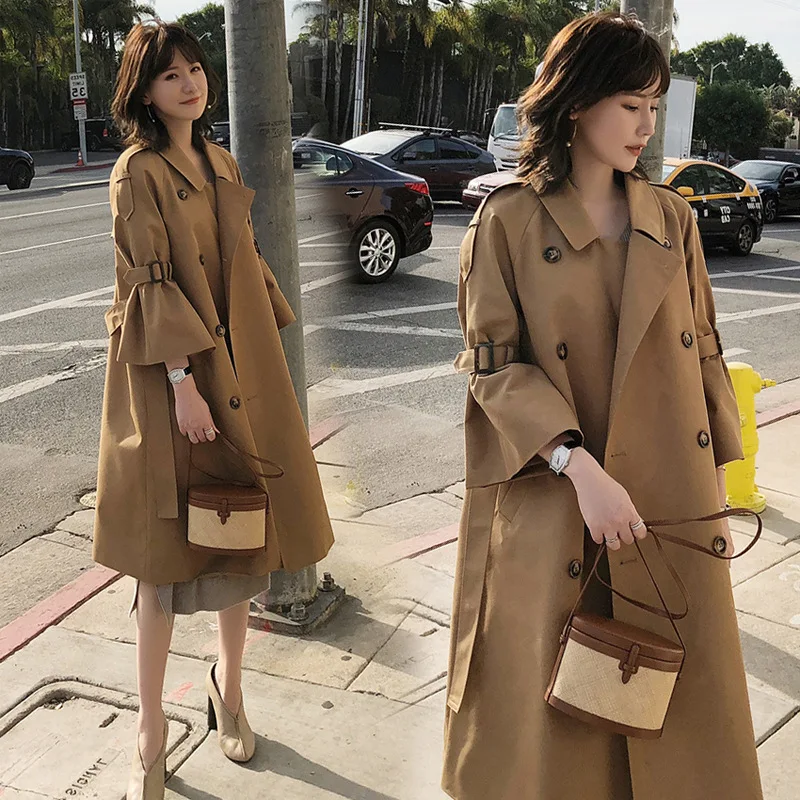 

2021 spring new windbreaker women's trumpet sleeve Korean medium length over knee loose lace up coat double breasted coat