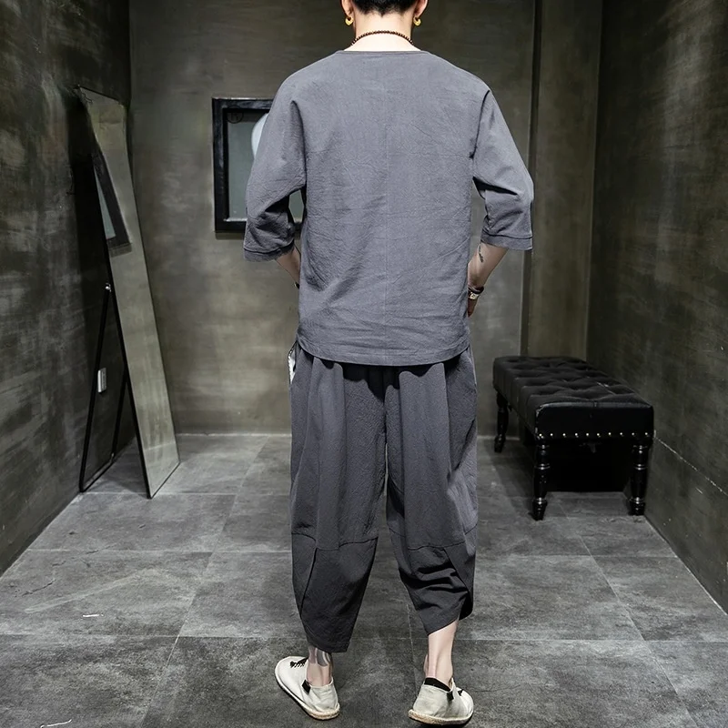 Костюм-кимоно мужской в японском стиле рубашка с коротким рукавом и брюки топ