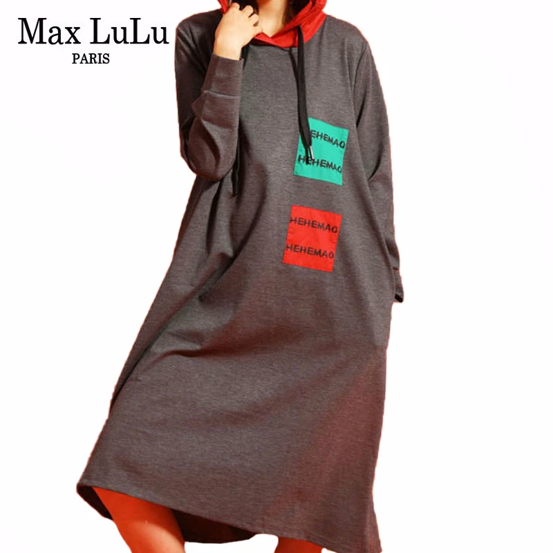 Max LuLu новые корейские модные роскошные уличные женские длинные платья с капюшоном с принтом женские винтажные Лоскутные Повседневные платья