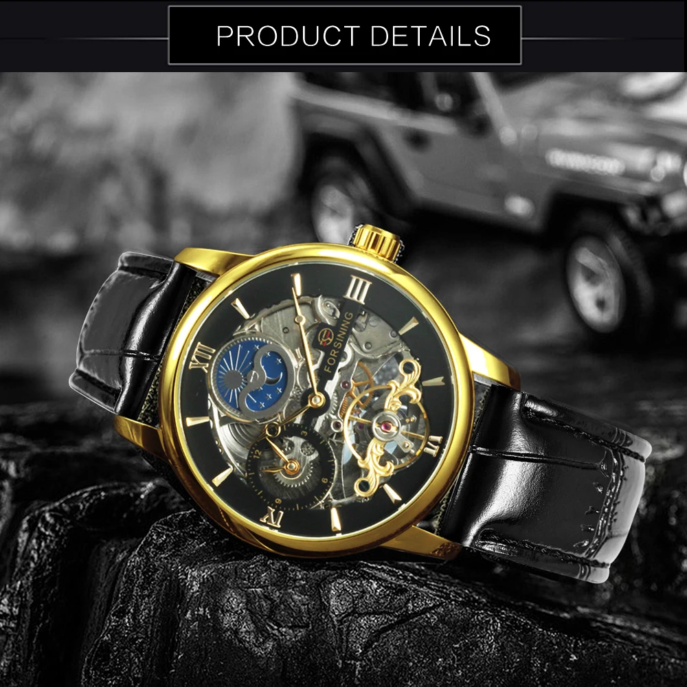 FORSINING Роскошные автоматические механические часы для мужчин Скелетон фаза Луны