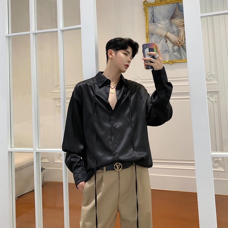Мужская винтажная мода уличная хип хоп вечерние рубашки для мужчин с длинным рукавом Drawstring дизайн Свободная Повседневная Однотонная рубашка