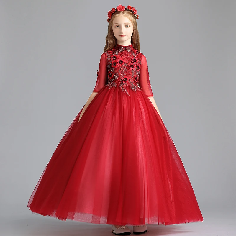 

Бордовое бальное платье с высоким воротником и коротким рукавом с вышивкой в пол Детские вечерние платья для причастия платья для девочек н...