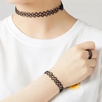 3pcsset black tattoo necklace stretch choker punk gothic elastic bracelet ring set women jewelry