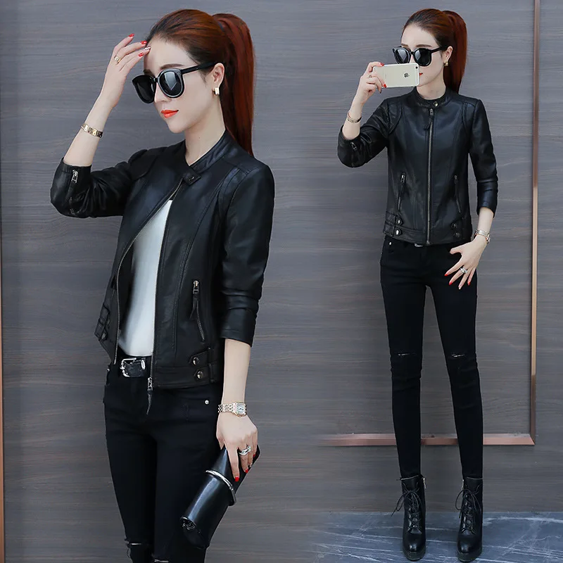 

Leather women's coat 2020 spring and autumn winter new slim fit locomotive small leather jacket Korean version cotton