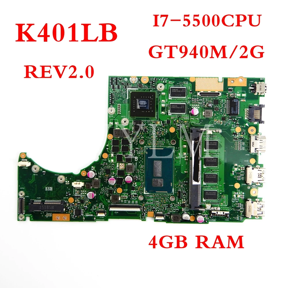 

K401LB I7-5500CPU With DDR3L 4GB RAM /GT940M/2G mainboard REV2.0 For ASUS K401L K401LB laptop motherboard Tested Working