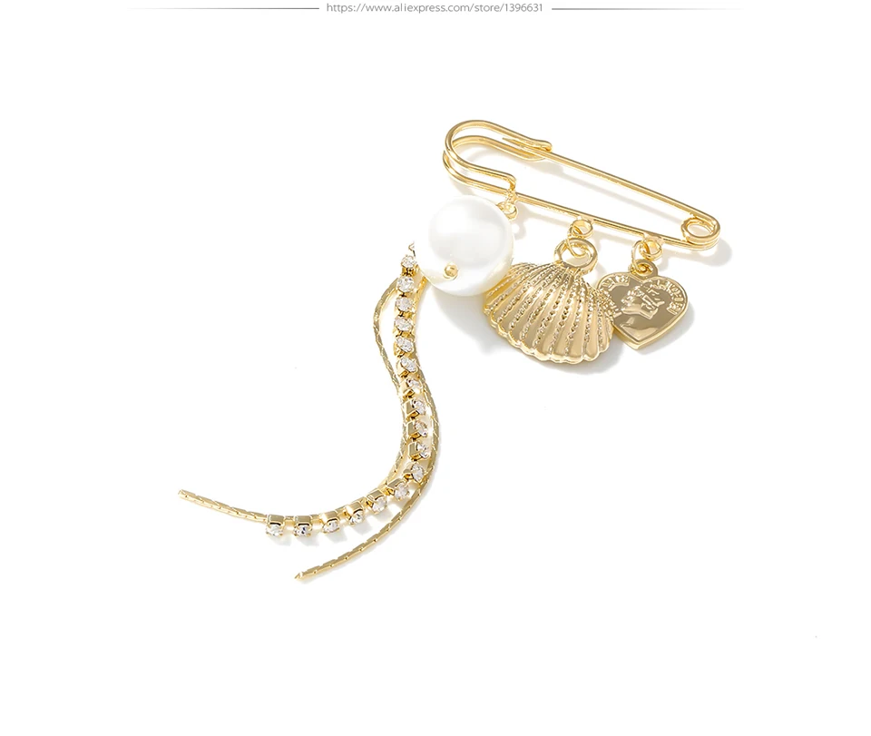 Yhpup Trendy Copper Charm Metal Shell Tassel Brooches Imitation Pearls Round Portrait Zirconia Exquisite Brooch Pins for Women