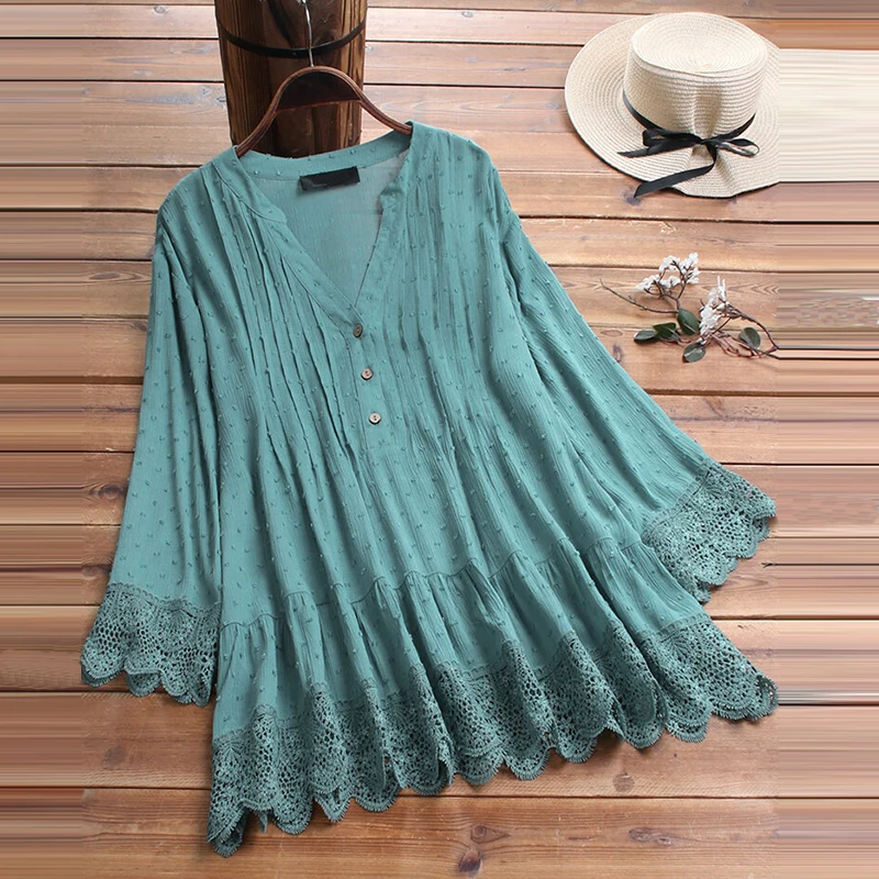 

Lace Patchwork Summer Shirt Women Three Quarter Sleeves V Neck Pullover Top 5XL Plus Size Womens Tops and Blouses Elegant