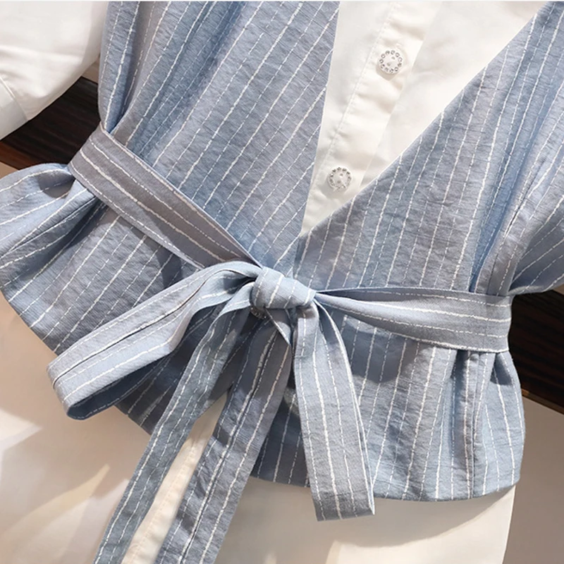 

Plus size shorts suit female 2021 summer new Korean fashion design sense fake two-piece high-waist striped shorts two-piece suit