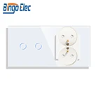 Сенсорный выключатель Bingoelec с двойной французской вилкой, панель из закаленного стекла, 123 клавиши, 1 канал, выключатель света, настенный выключатель, розетка европейского стандарта