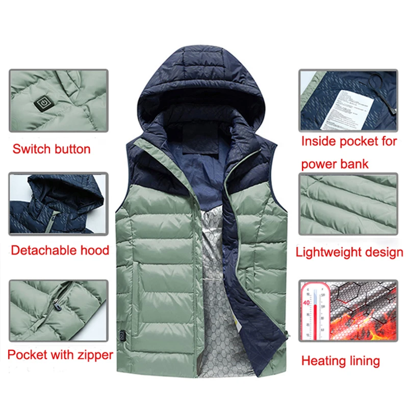 

Fashion Electric Heating Vest Men USB Charging Splicing Hooded Zipper Pocket Thermal Gilet Waistcoat Warm Winter Jacket Men 6XL
