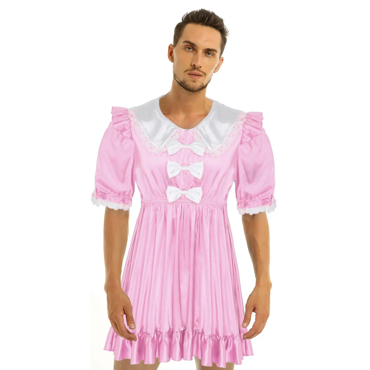 

Mens Erotic Sexy Sissy Crossdresser Satin Dress Doll Collar Bowknots Trimmed Lace Dress Adult Baby Lingerie Sissy Crossdressing