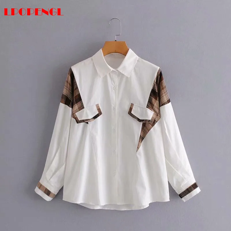 

Spring Autumn Ladies Pullover Shirt 2021 Fashion Wild Loose Street Style Stitching Top Long Sleeve Lapel Single Breasted