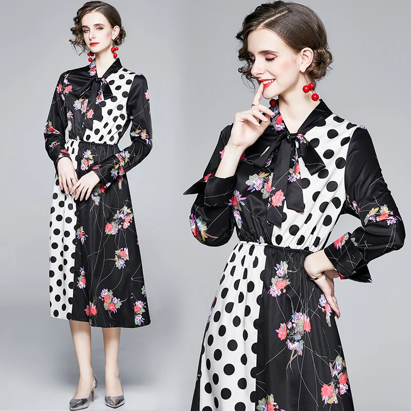 

Europe Fashion Woman Clothes Bow Collar Dot Print Color Block Spring Runway Dress Mid Calf Aline Robe Femme Vintage Vestidos