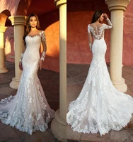 sexy new mermaid wedding dresses elegant long sleeve appliqued lace with tulle bride gowns illusion robe de mariee
