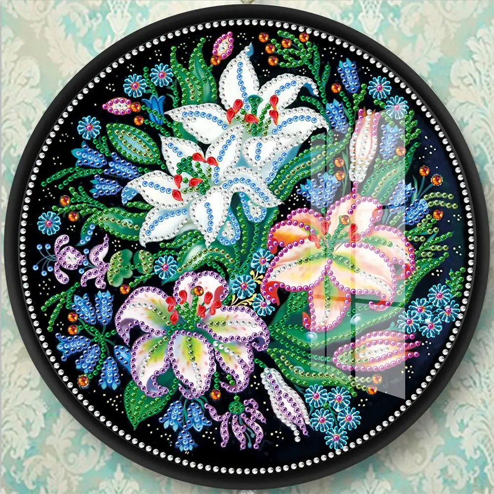 

Flower Pattern Mural Tessles Diamond Painting With Round Frame Color Box 5D Diamond Embroidery DIY Arts Home Wall Decor Gift