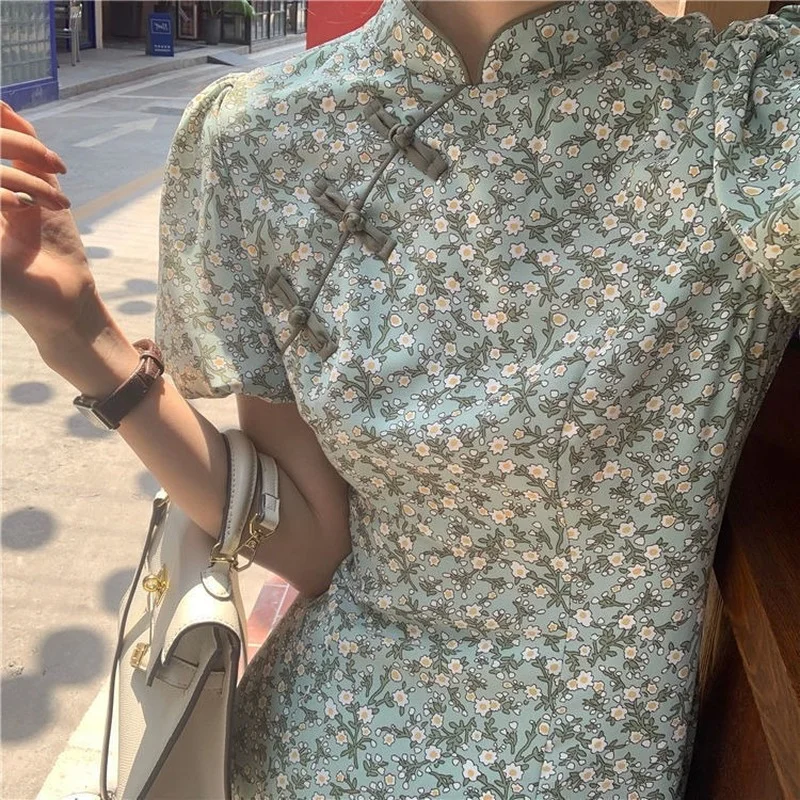 

Cheongsam Short Sleeve Dresses Women Floral Elegant Stand Collar Long Dress Leisure Chinese Style Streetwear Slim Tender Summer