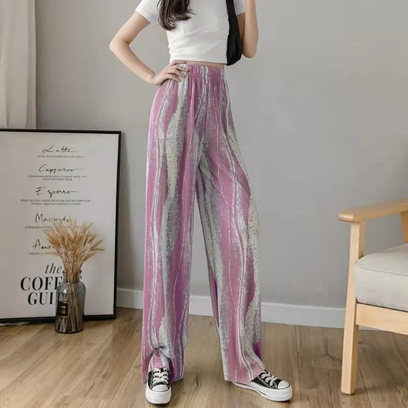 

Ice Silk 2021 Summer New Versatile Tie-Dyed Pleated High Waist Slimming Plus Size Wide Legs Casual Pants Trousers for Women